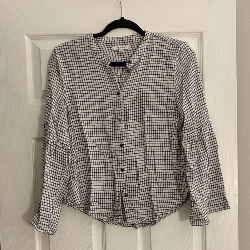 Madewell Black and White Plaid Button-Up Blouse with Bell Sleeves